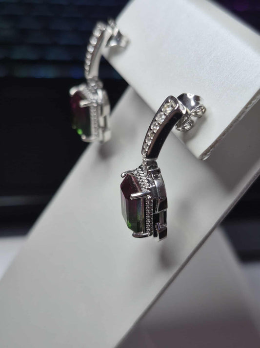 5.28ct Watermelon Quartz Triplet & White Zircon Dangling Earrings 925 Sterling Silver