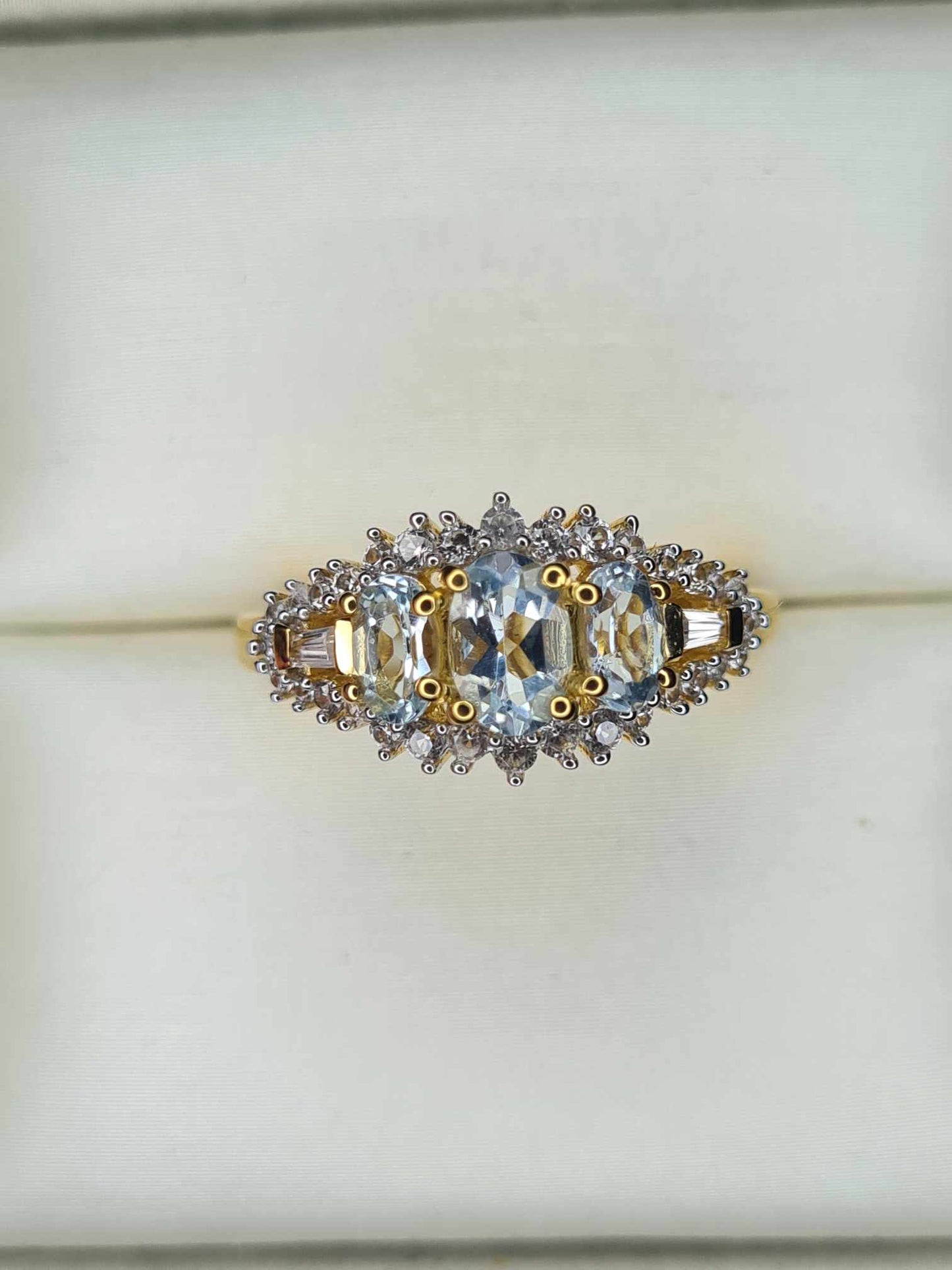 1.36 Ct Aquamarine & Natural Zircon Ring in 18K Gold Overlay 925 Sterling Silver SIZE L