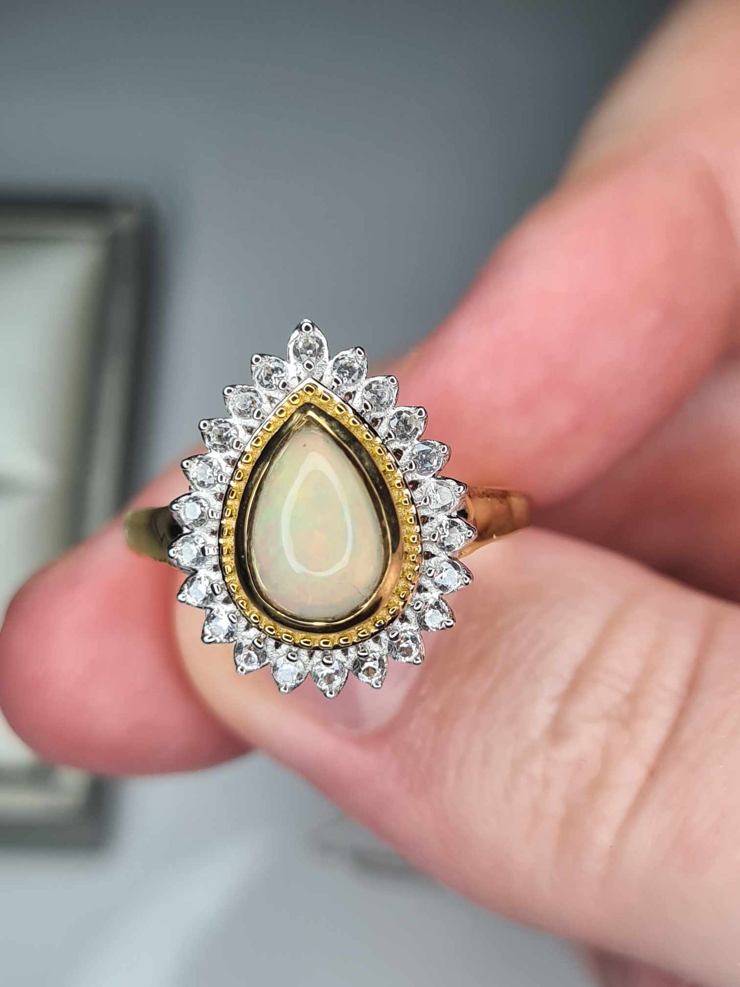 1.92ct Ethiopian Welo Opal and Natural Zircon Ring in 18K Yellow Gold Overlay 925 Sterling Silver SIZE P