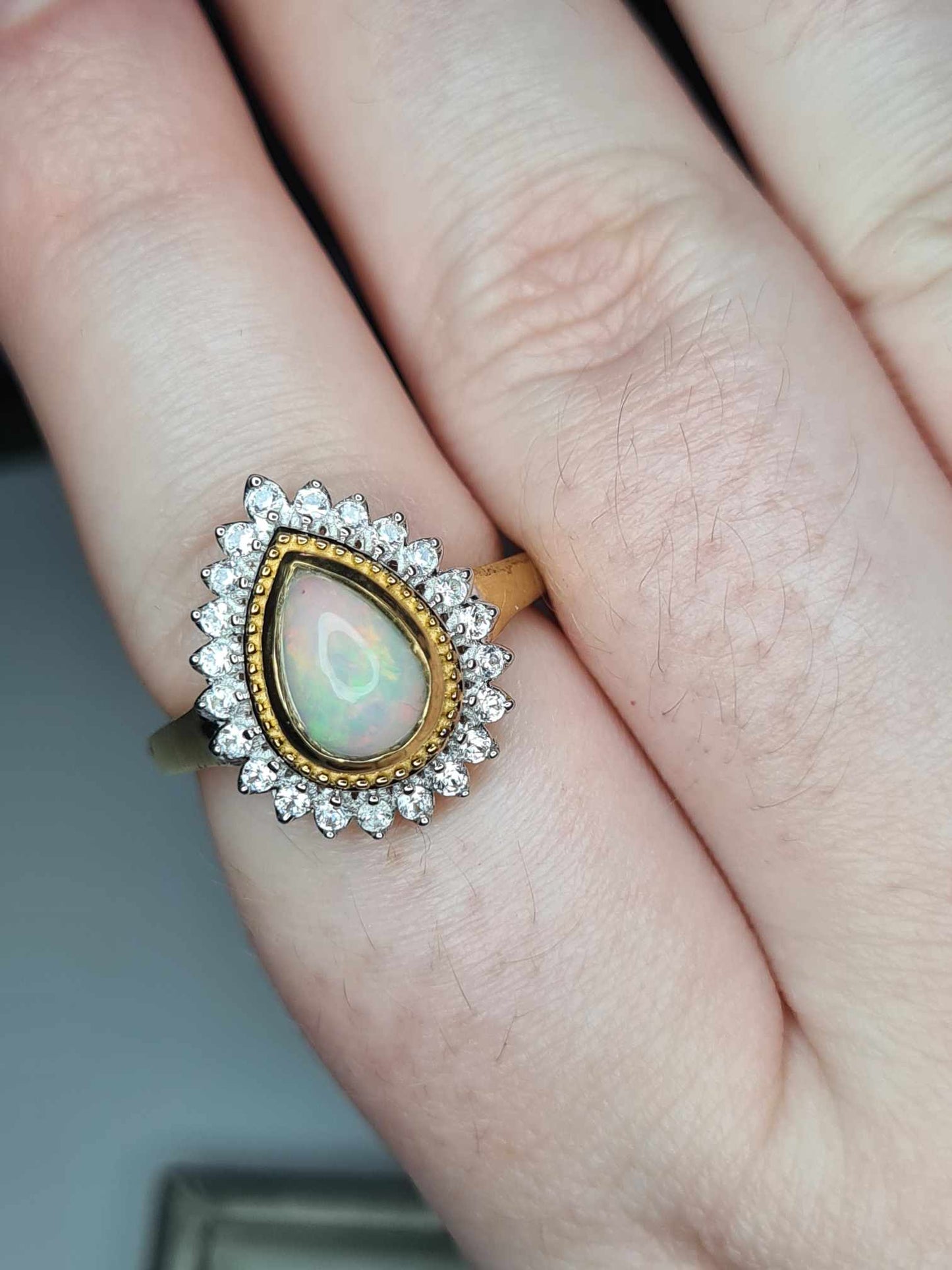 1.92ct Ethiopian Welo Opal and Natural Zircon Ring in 18K Yellow Gold Overlay 925 Sterling Silver SIZE P