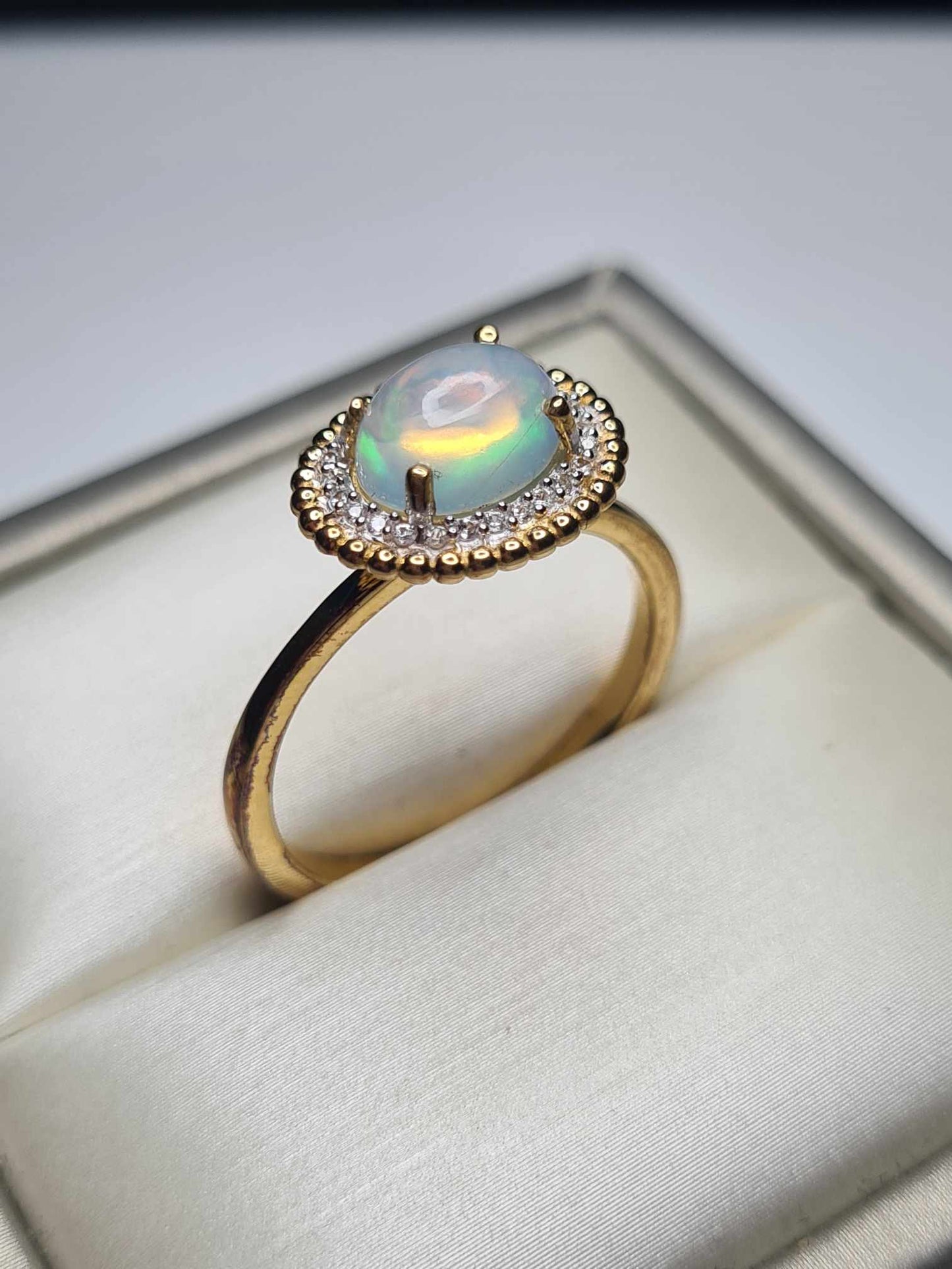 1.27ct Ethiopian Welo Opal & Natural Zircon Ring in 18K Gold Overlay 925 Sterling Silver SIZES L,T