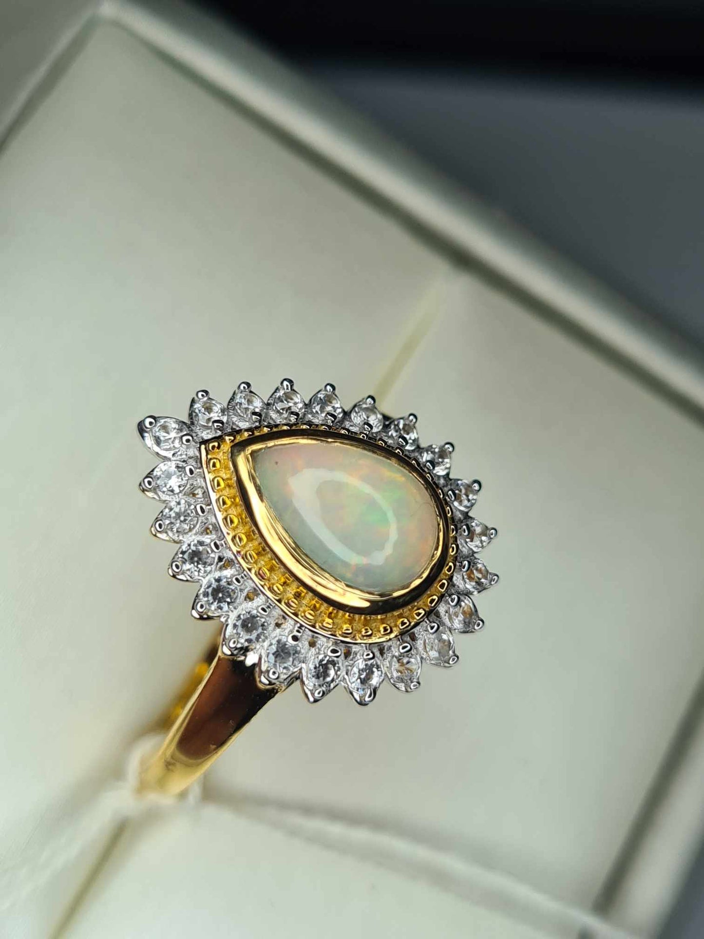 1.92ct Ethiopian Welo Opal and Natural Zircon Ring in 18K Yellow Gold Overlay 925 Sterling Silver SIZE P