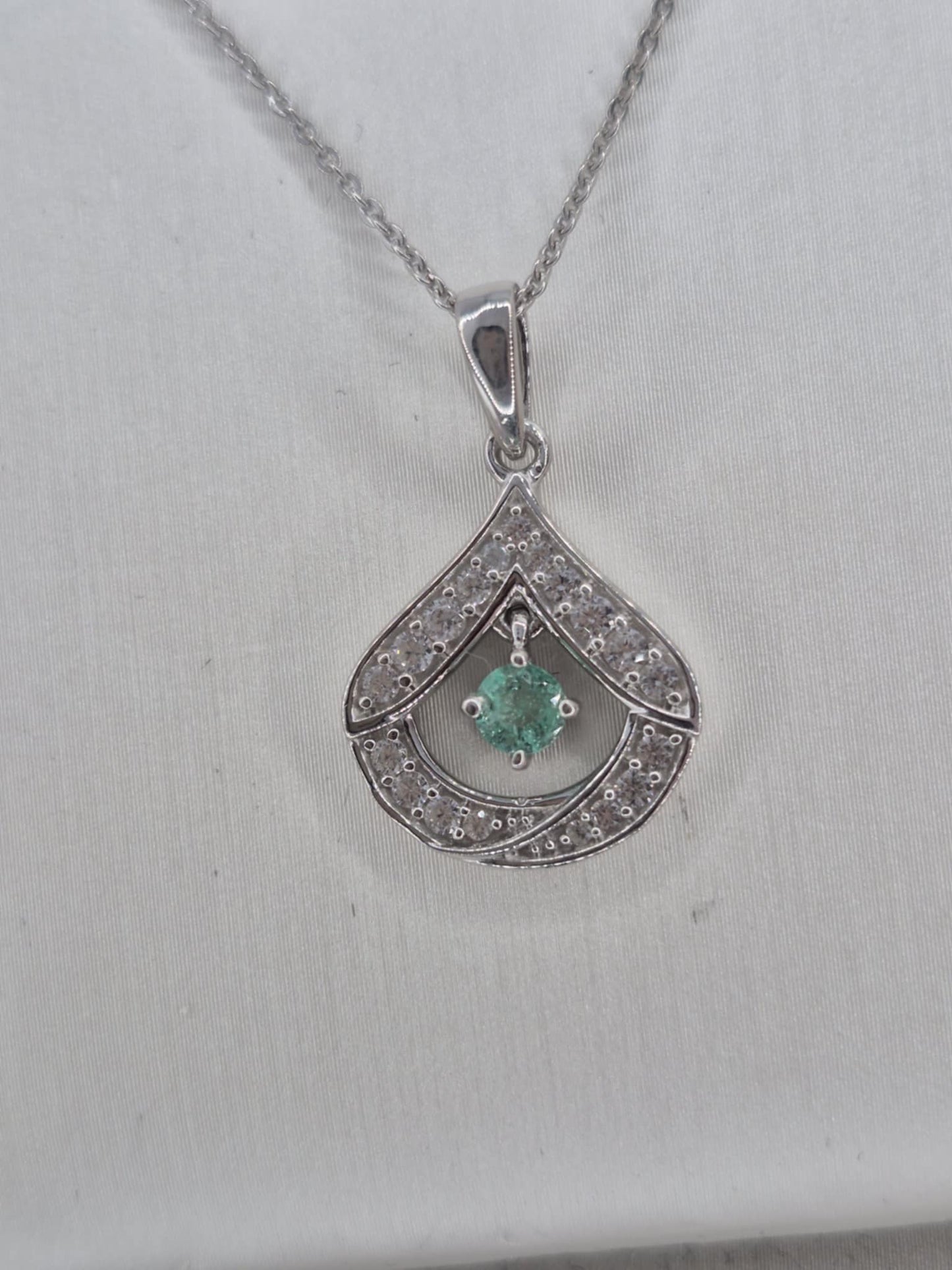 Colombian Emerald, White Zircon Necklace In Rhodium Overlay 925 Sterling Silver