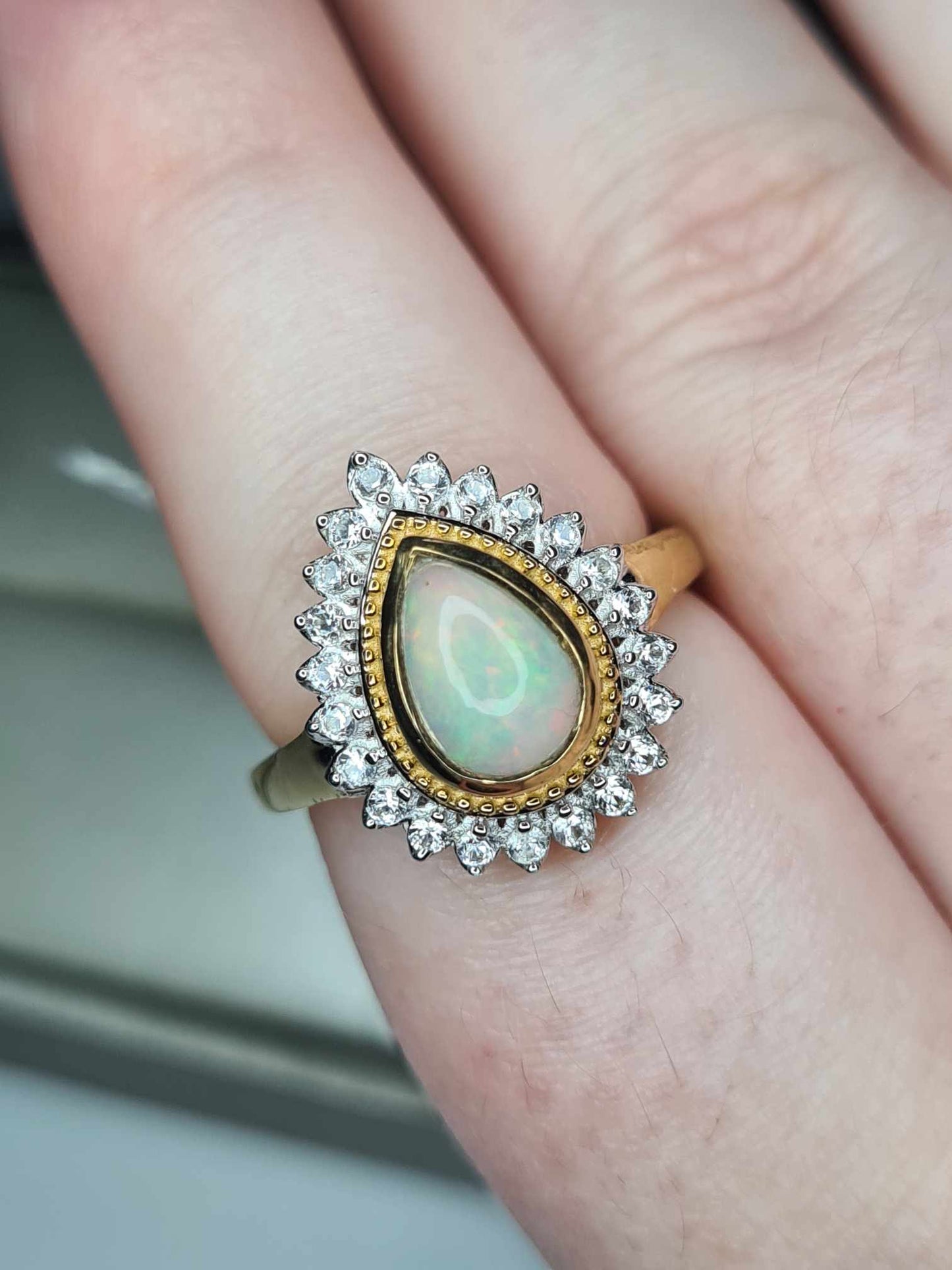 1.92ct Ethiopian Welo Opal and Natural Zircon Ring in 18K Yellow Gold Overlay 925 Sterling Silver SIZE P