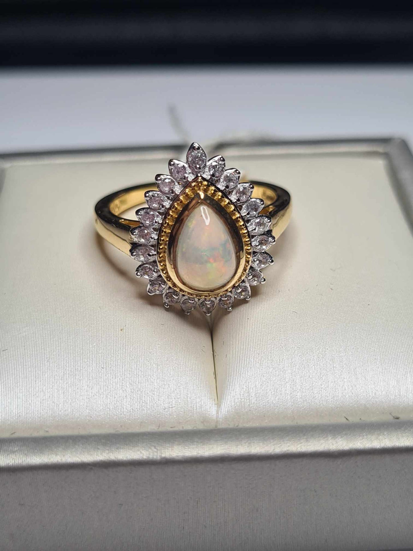 1.92ct Ethiopian Welo Opal and Natural Zircon Ring in 18K Yellow Gold Overlay 925 Sterling Silver SIZE P