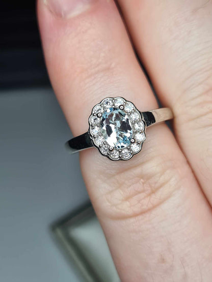 1.02ct Aquamarine and Cambodian Zircon Halo Ring in Platinum Overlay 925 Sterling Silver SIZE K