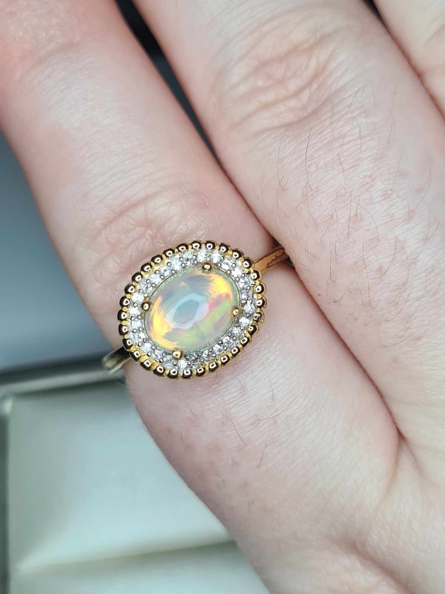 1.27ct Ethiopian Welo Opal & Natural Zircon Ring in 18K Gold Overlay 925 Sterling Silver SIZES L,T
