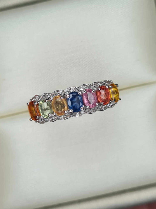 2.15ct Rainbow Sapphire and Natural Zircon Half Eternity Ring in Platinum Overlay 925 Sterling Silver SIZE N