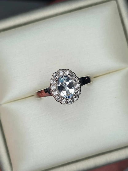 1.02ct Aquamarine and Cambodian Zircon Halo Ring in Platinum Overlay 925 Sterling Silver SIZE K