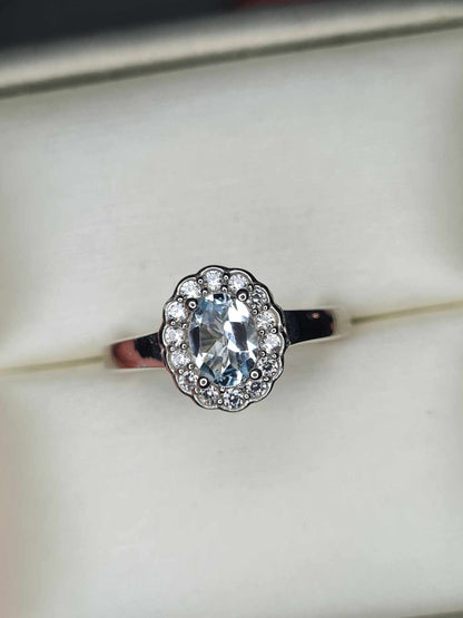 1.02ct Aquamarine and Cambodian Zircon Halo Ring in Platinum Overlay 925 Sterling Silver SIZE K