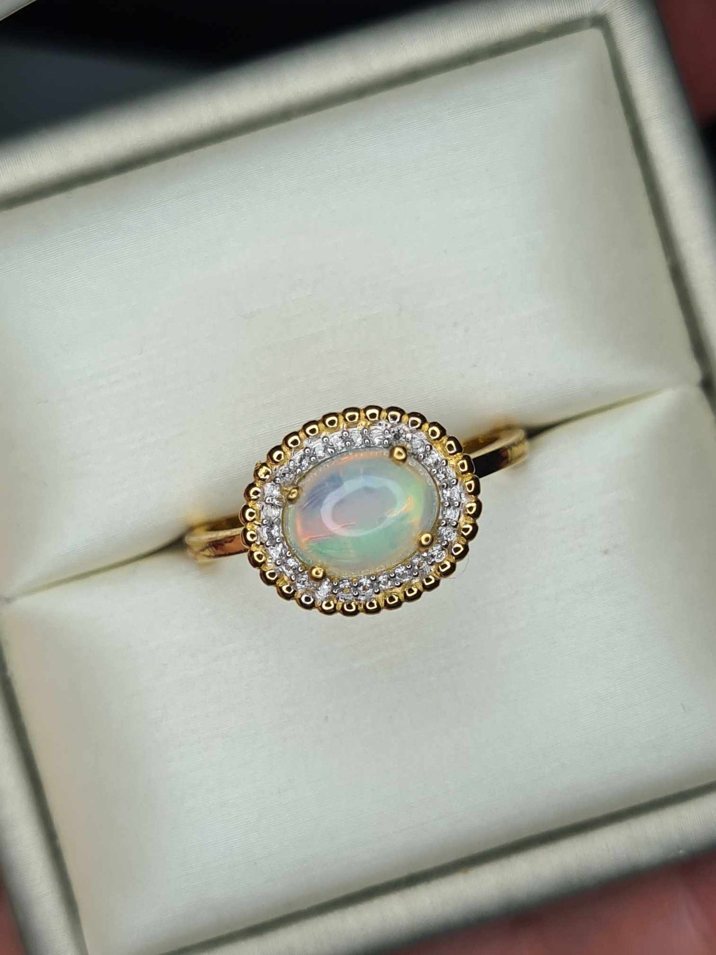 1.27ct Ethiopian Welo Opal & Natural Zircon Ring in 18K Gold Overlay 925 Sterling Silver SIZES L,T