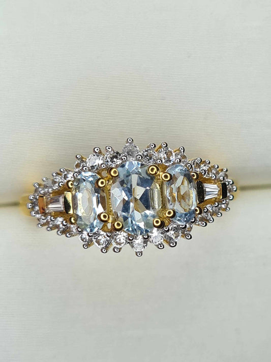 1.36 Ct Aquamarine & Natural Zircon Ring in 18K Gold Overlay 925 Sterling Silver SIZE L