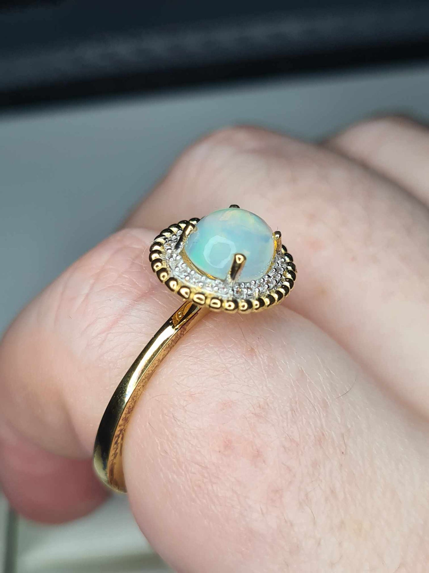 1.27ct Ethiopian Welo Opal & Natural Zircon Ring in 18K Gold Overlay 925 Sterling Silver SIZES L,T