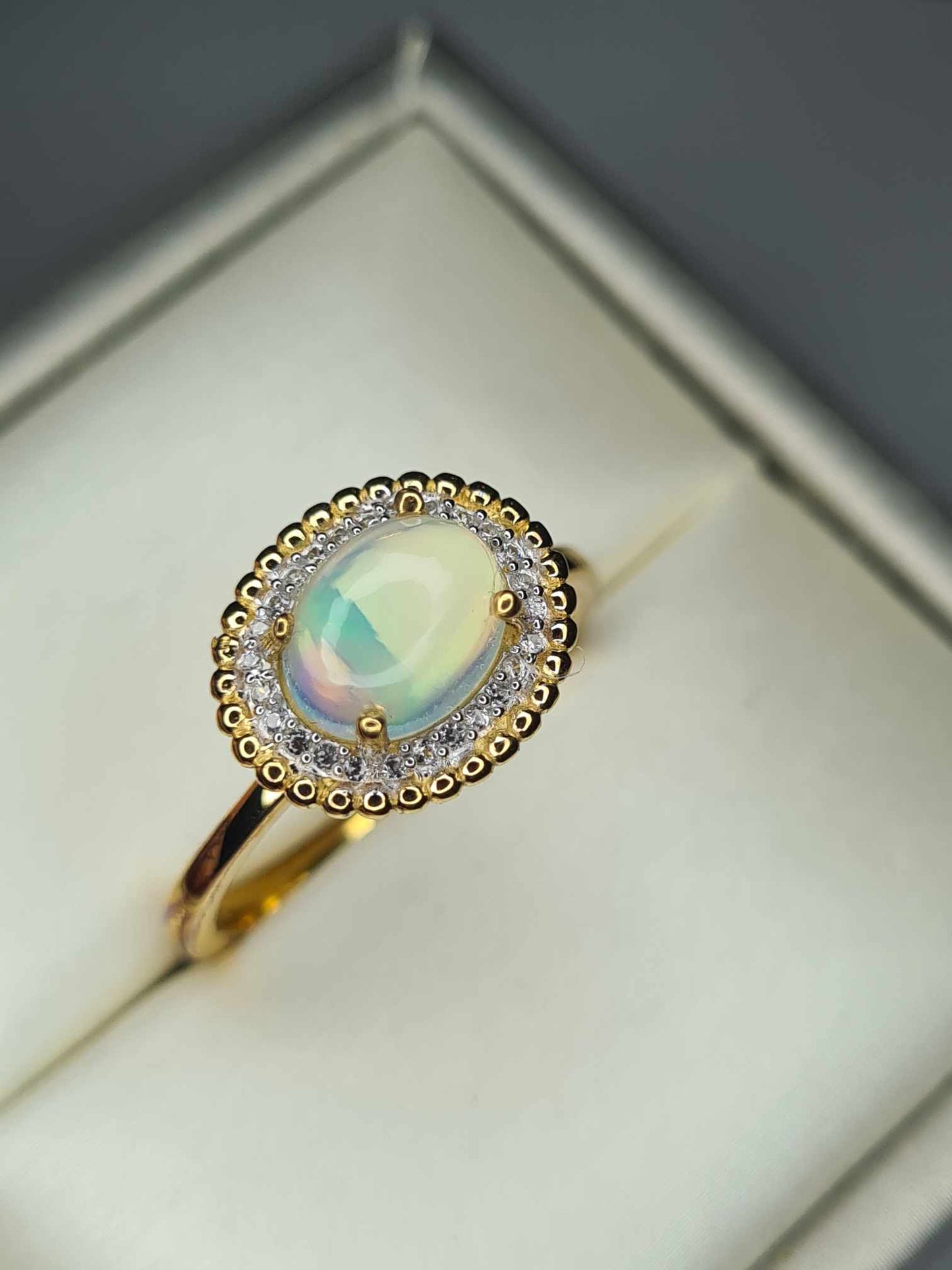 1.27ct Ethiopian Welo Opal & Natural Zircon Ring in 18K Gold Overlay 925 Sterling Silver SIZES L,T