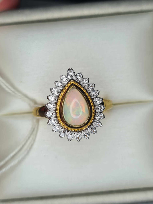 1.92ct Ethiopian Welo Opal and Natural Zircon Ring in 18K Yellow Gold Overlay 925 Sterling Silver SIZE P