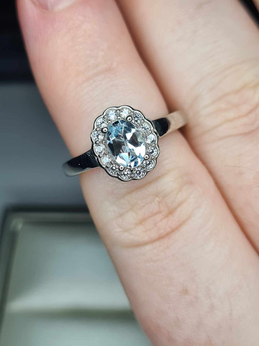 1.02ct Aquamarine and Cambodian Zircon Halo Ring in Platinum Overlay 925 Sterling Silver SIZE K