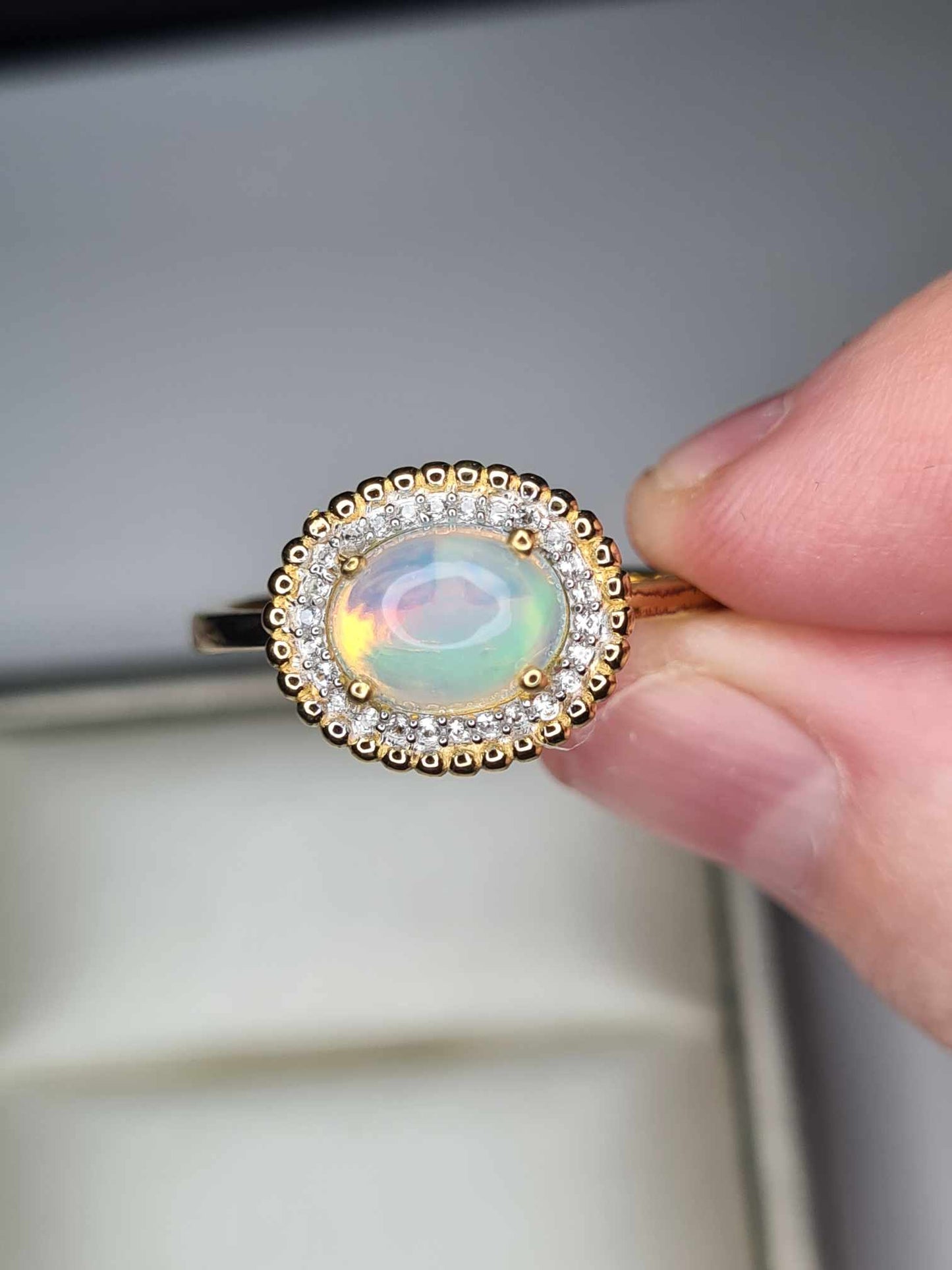 1.27ct Ethiopian Welo Opal & Natural Zircon Ring in 18K Gold Overlay 925 Sterling Silver SIZES L,T