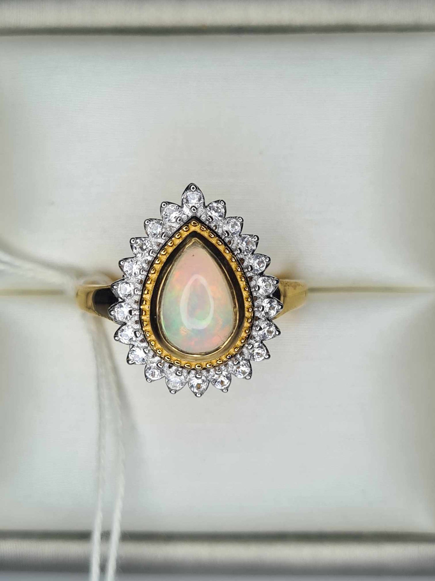 1.92ct Ethiopian Welo Opal and Natural Zircon Ring in 18K Yellow Gold Overlay 925 Sterling Silver SIZE P