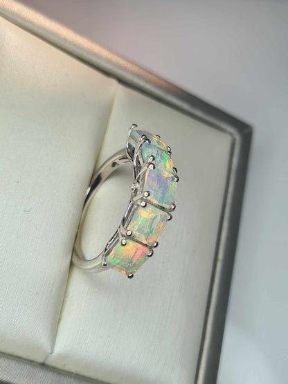 2ct Ethiopian Welo Opal and Diamond Ring in Platinum Overlay 925 Sterling Silver SIZE L