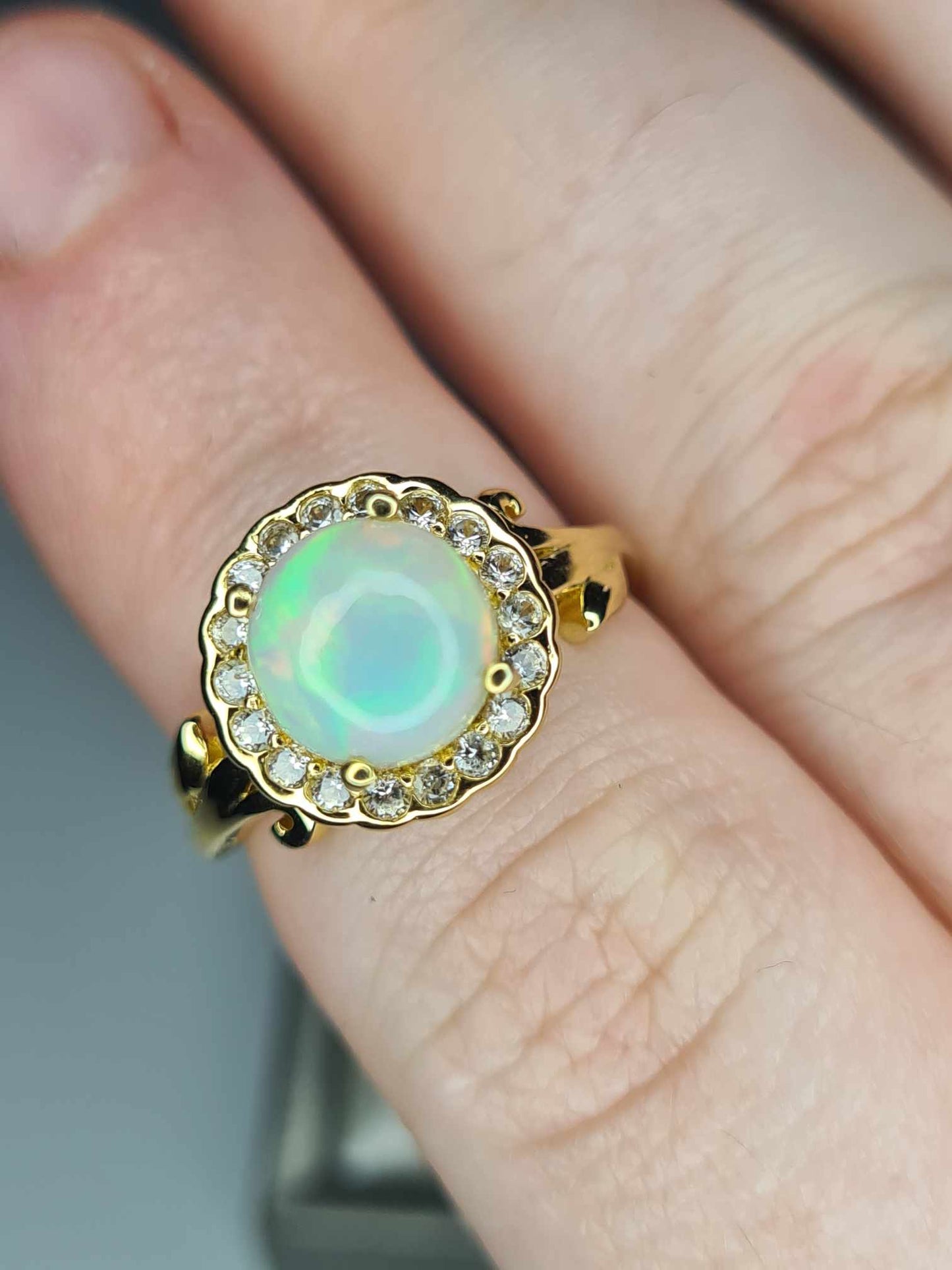 1.68ct Ethiopian Welo Opal, Natural Zircon Halo Ring in 18K Yellow Gold Overlay 925 Sterling Silver SIZE L