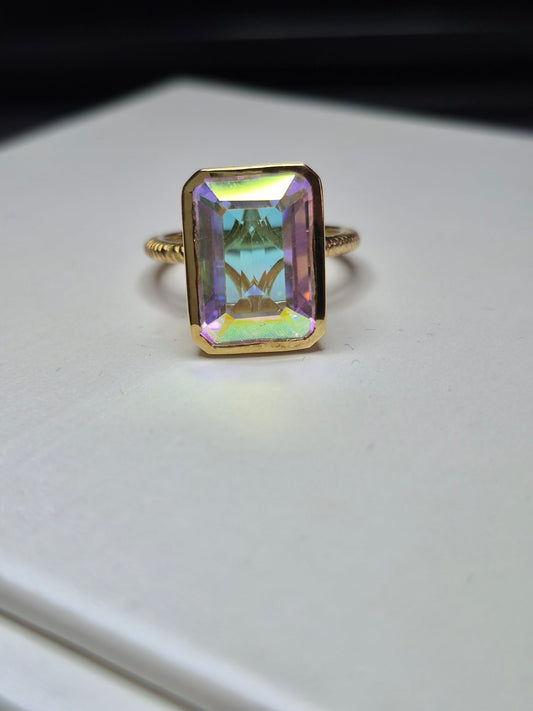 8.52ct Mercury Mystic Topaz Solitaire Ring in 18K Gold Plated 925 Sterling Silver SIZE L