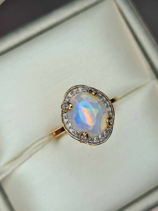 2.12ct Ethiopian Welo Opal and Zircon Ring in 18K Gold Overlay 925 Sterling Silver SIZE L