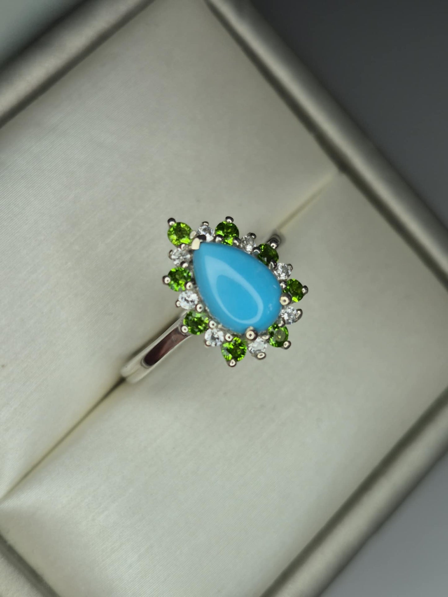 1.75ct Sleeping Beauty Turquoise, Russian Diopside, White Zircon Halo Ring in 925 Sterling Silver SIZE L