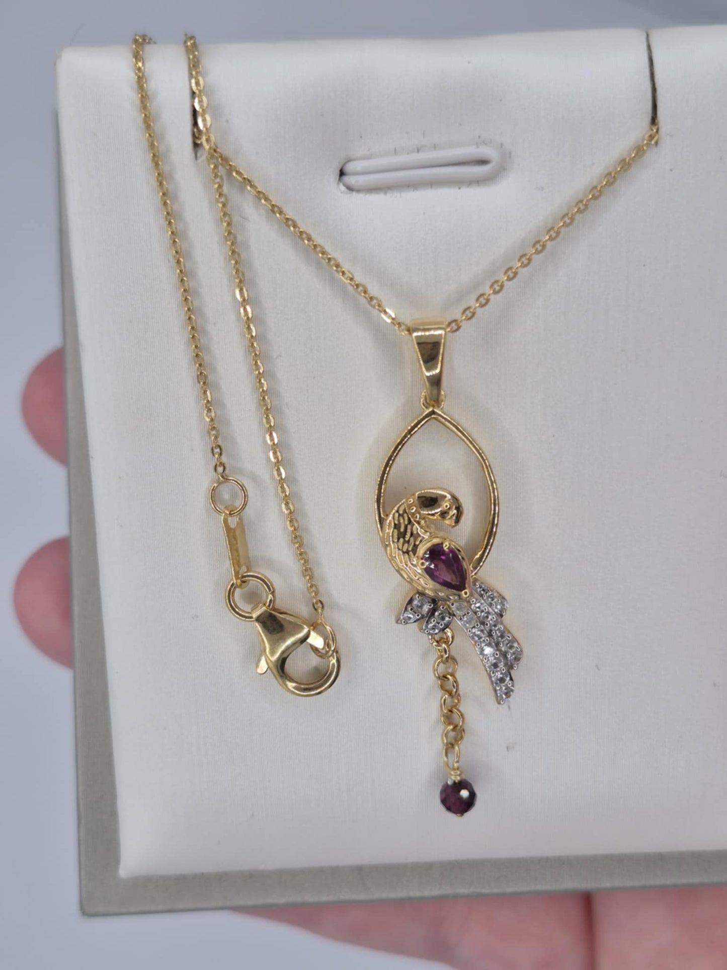 0.910ct. Rhodolite Garnet, White Zircon, Blue Sapphire Bird Necklace in 18K Gold Overlay 925 Sterling Silver