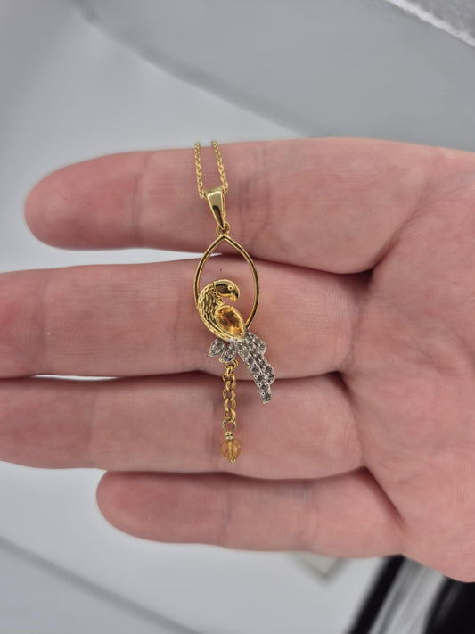 0.756ct. Citrine , White Zircon, Blue Sapphire Bird Necklace in 18K Gold Overlay 925 Sterling Silver