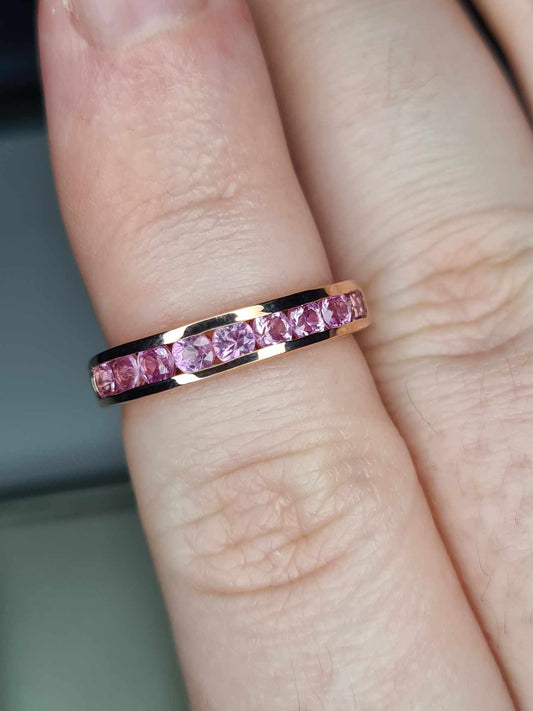 Pink Sapphire Half Eternity Band Ring 18k Rose Gold Overlay 925 sterling silver SIZE K