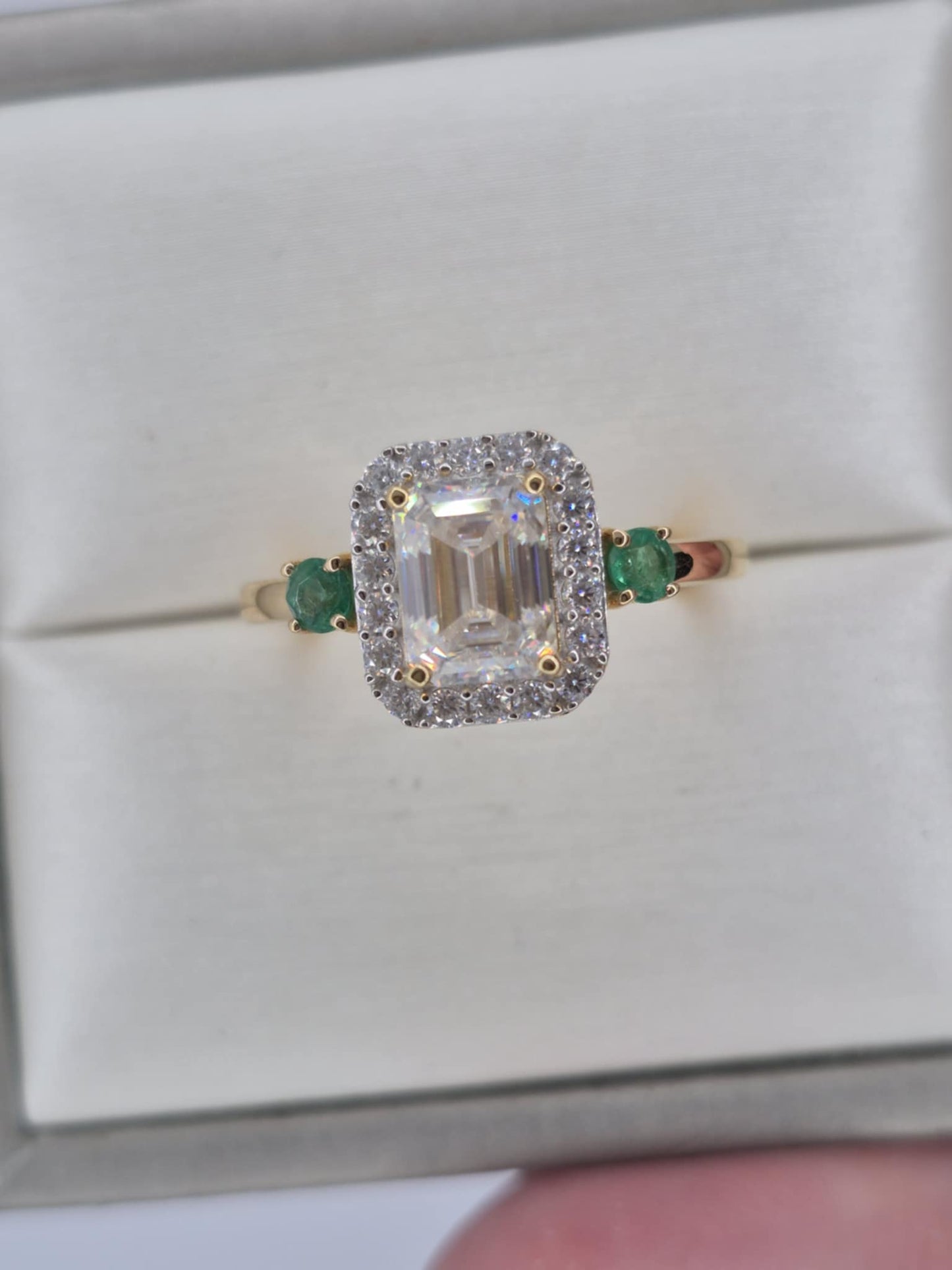 2.300ct. Octagon Cut Moissanite & Emerald Ring 18k Gold Overlay 925 Sterling Silver SIZE T