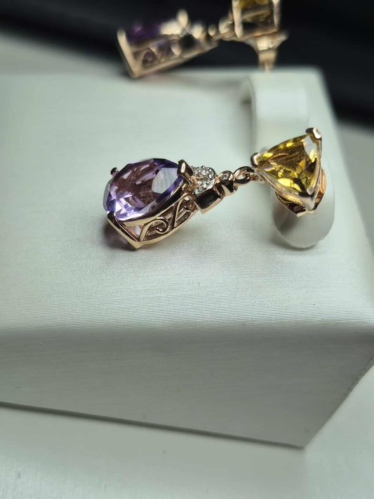 5.71ct Rose De France Amethyst, Citrine Dangle Earrings 925 Sterling Silver