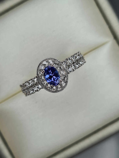 1.35ct AAA Tanzanite &amp; Natural Zircon Ring in Platinum Overlay 925 Sterling Silver SIZE L