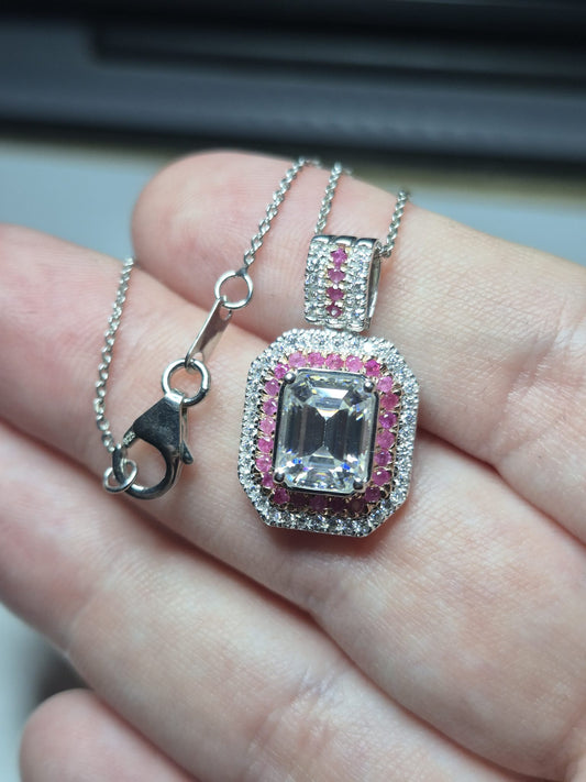 Moissanite & Pink Sapphire Necklace Rhodium Overlay 925 Sterling Silver