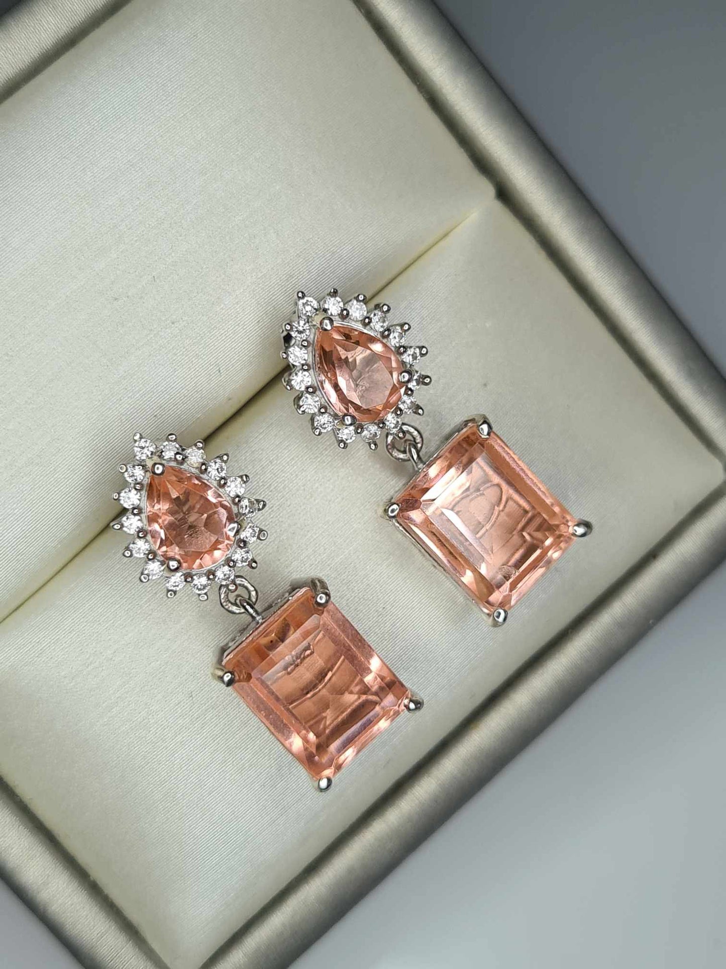 10.15ct Morganite Colour Quartz & Natural Zircon Dangle Earrings in Platinum Overlay 925 Sterling Silver