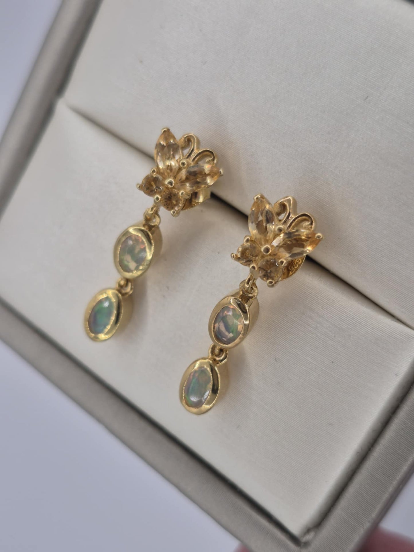 1.32ct Ethiopian Opal, Citrine Butterfly Dangling Earrings in 18K Gold Overlay 925 Sterling Silver