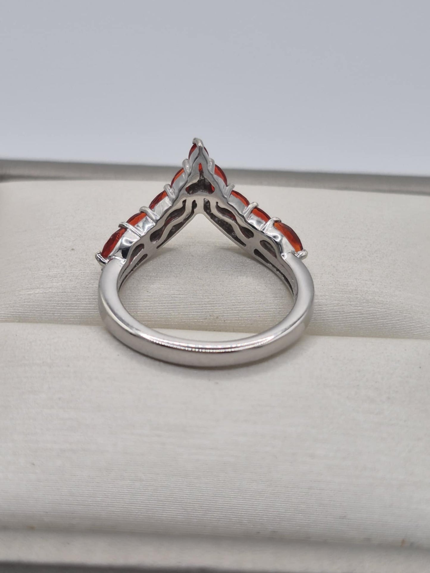 1.18ct Cherry Fire Opal and White Zircon WishBone Ring 925 Sterling Silver SIZE M