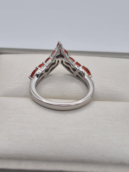 1.18ct Cherry Fire Opal and White Zircon WishBone Ring 925 Sterling Silver SIZE M