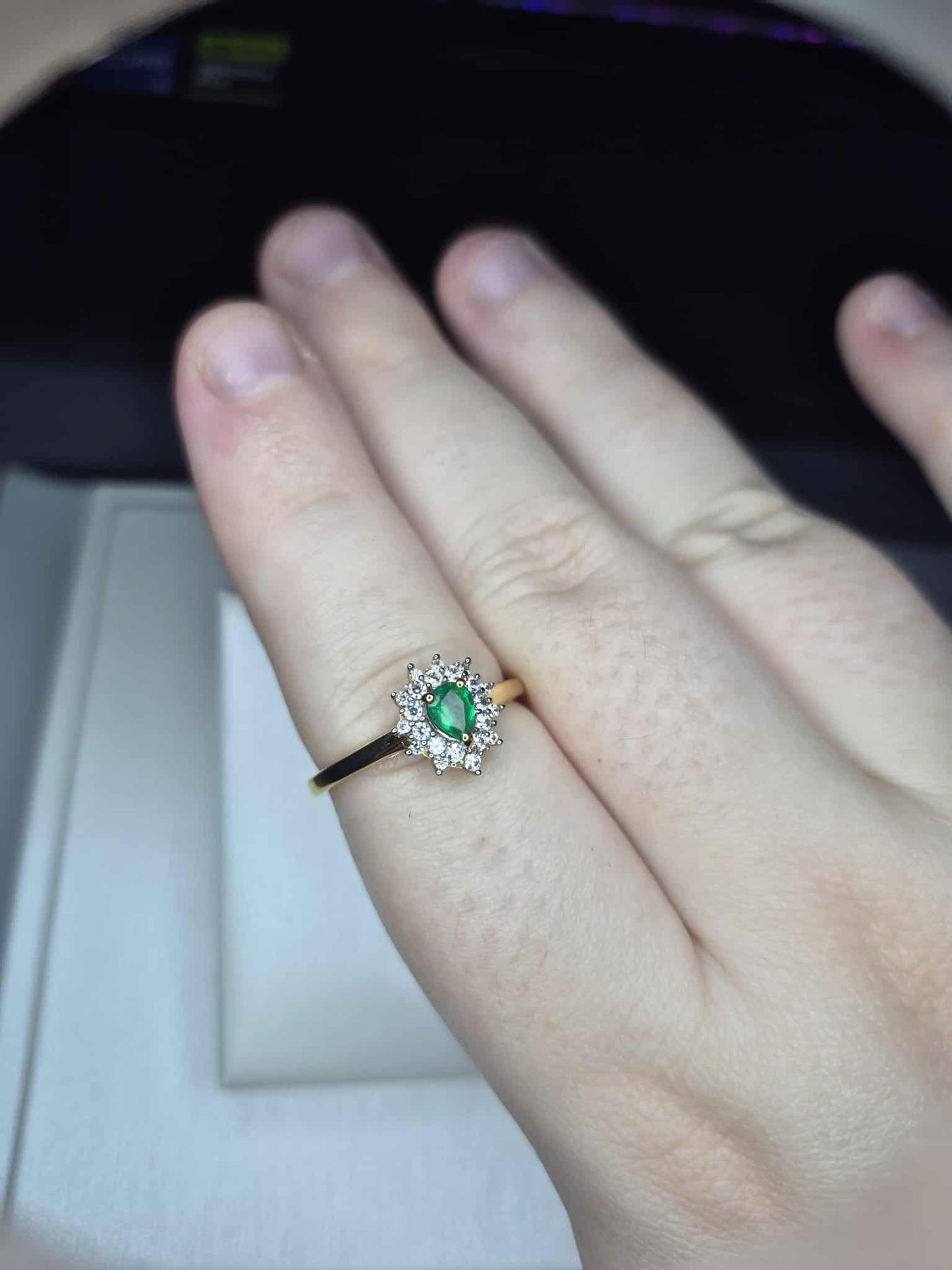 Colombian Emerald &amp; White Zircon Halo Ring in 18K Gold Overlay 925 Sterling Silver SIZE R