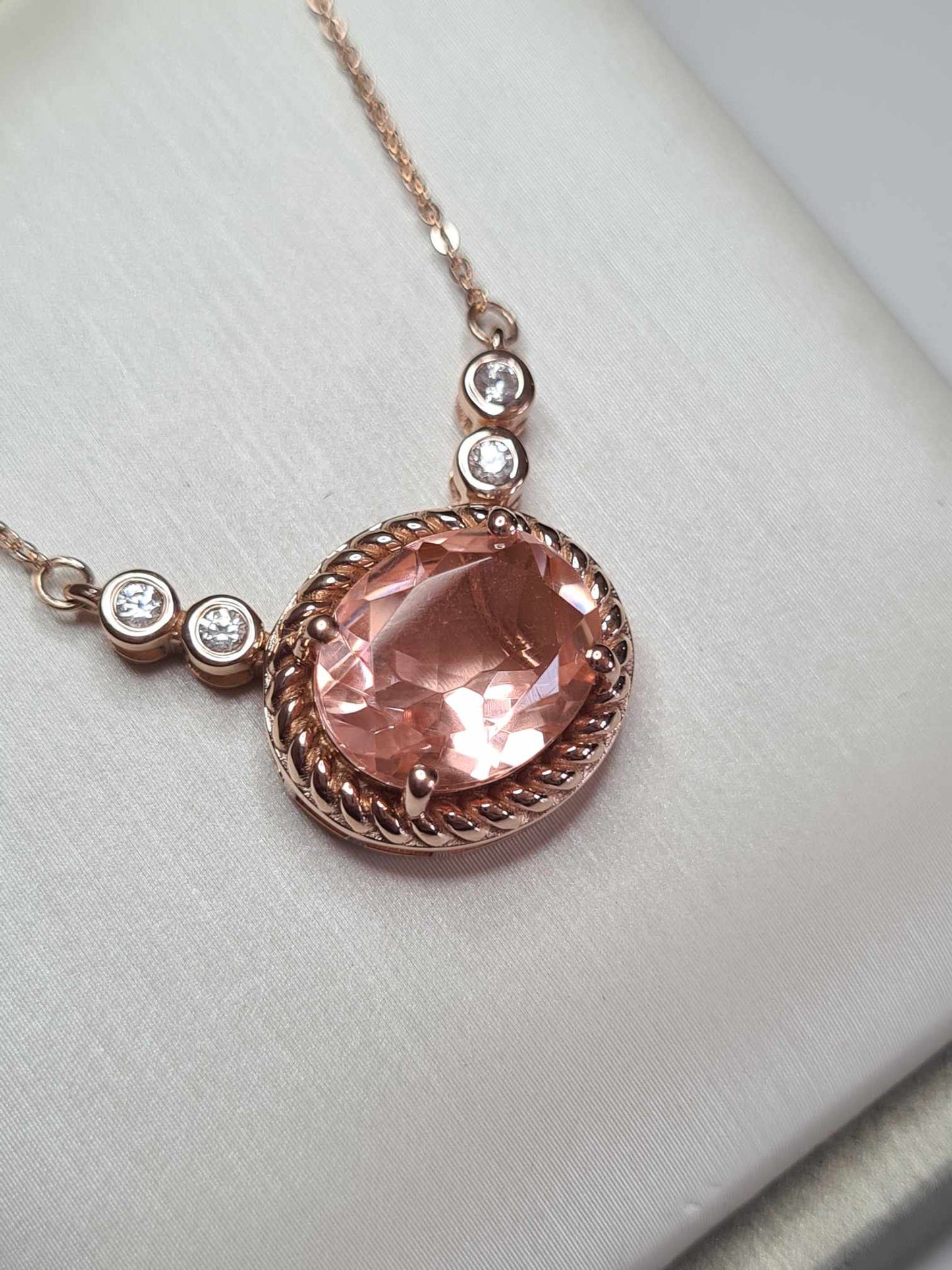 5.34ct Morganite Colour Quartz & Natural Zircon Necklace 18K Rose Gold Overlay 925 Sterling Silver