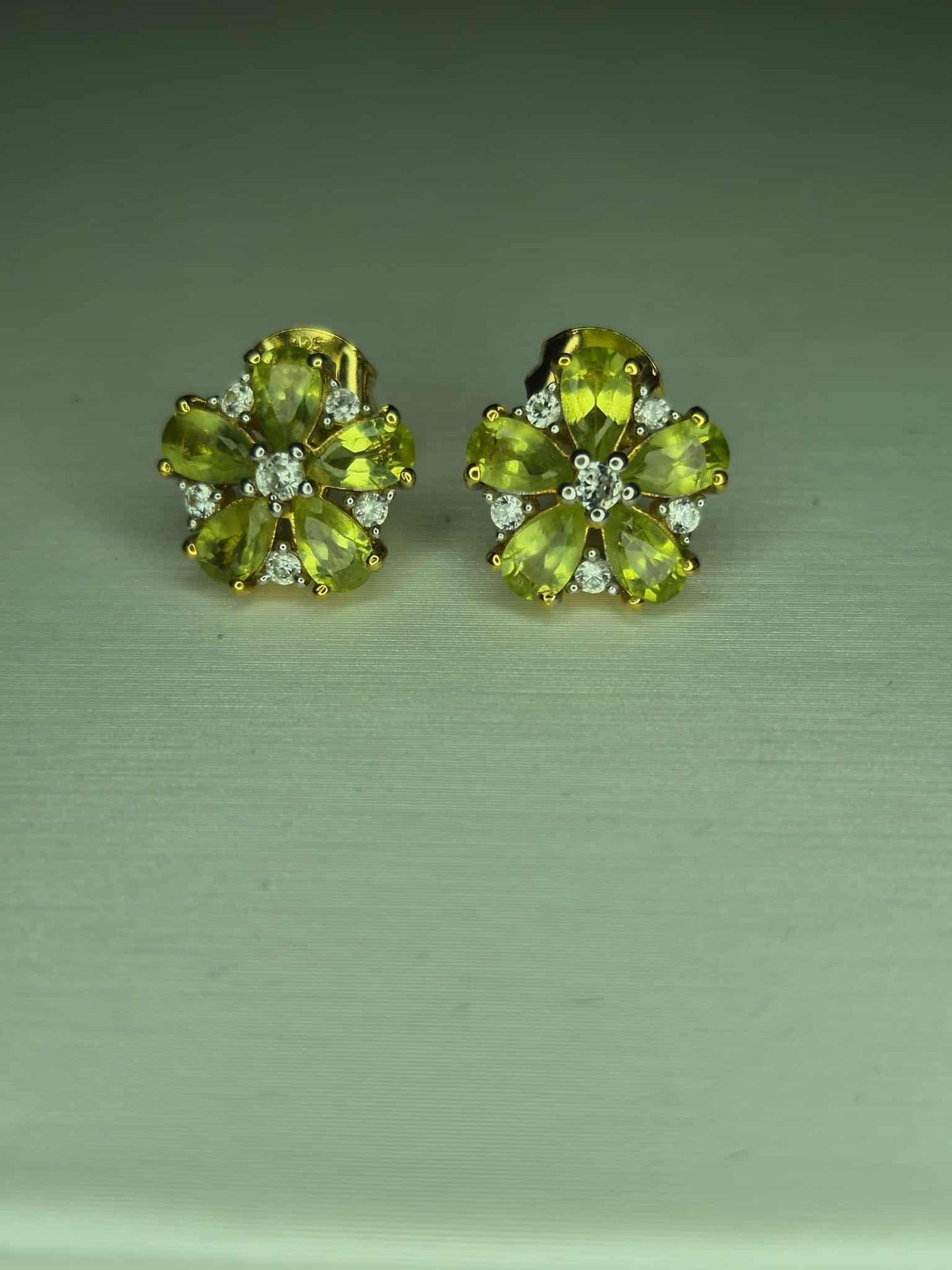 Natural Hebei Peridot & White Zircon Flower Stud Earrings in Gold Overlay 925 Sterling Silver