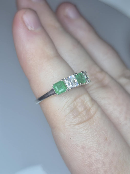 1.70ct Emerald & Moissanite 5 Stone Ring in Platinum 925 Overlay Sterling Silver SIZE L
