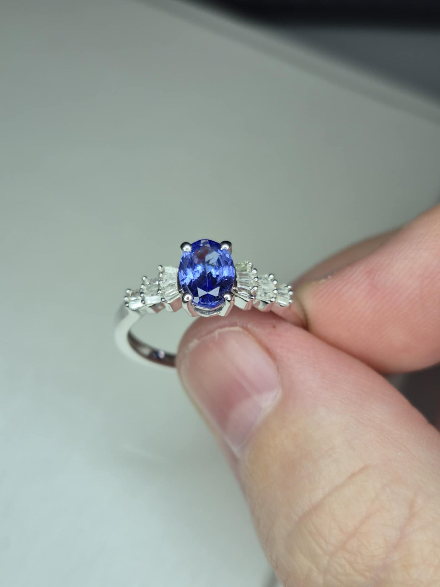 Tanzanite & White Diamond Ballerina Ring Rhodium Overlay 925 Sterling Silver SIZE M