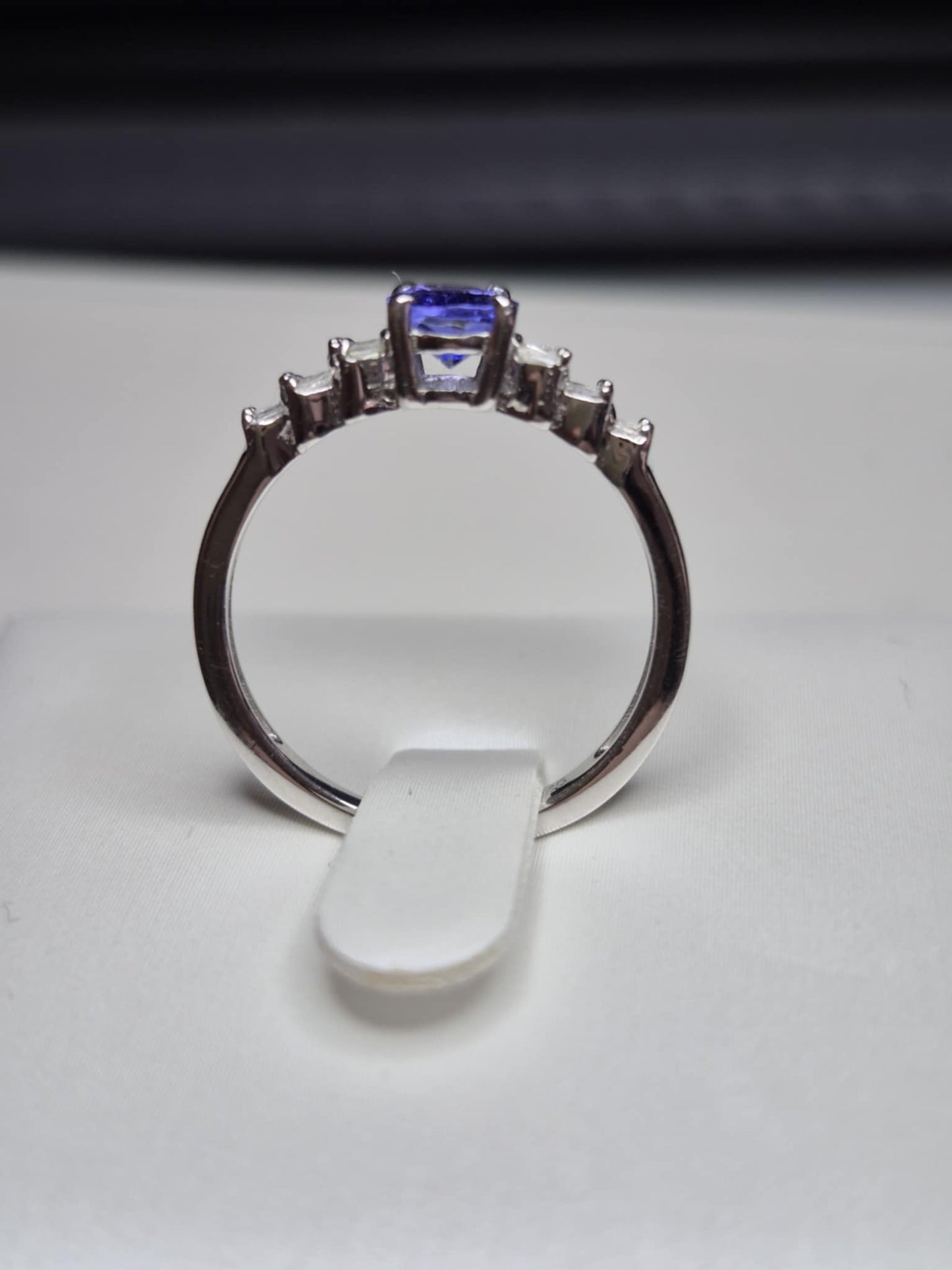Tanzanite & White Diamond Ballerina Ring Rhodium Overlay 925 Sterling Silver SIZE M