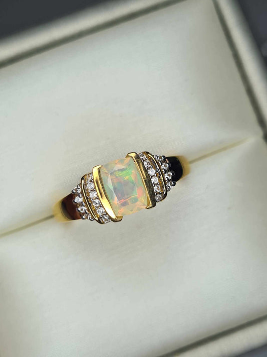 Ethiopian Welo Opal & Natural Zircon Ring in 18K Yellow Gold Overlay 925 Sterling Silver SIZE M