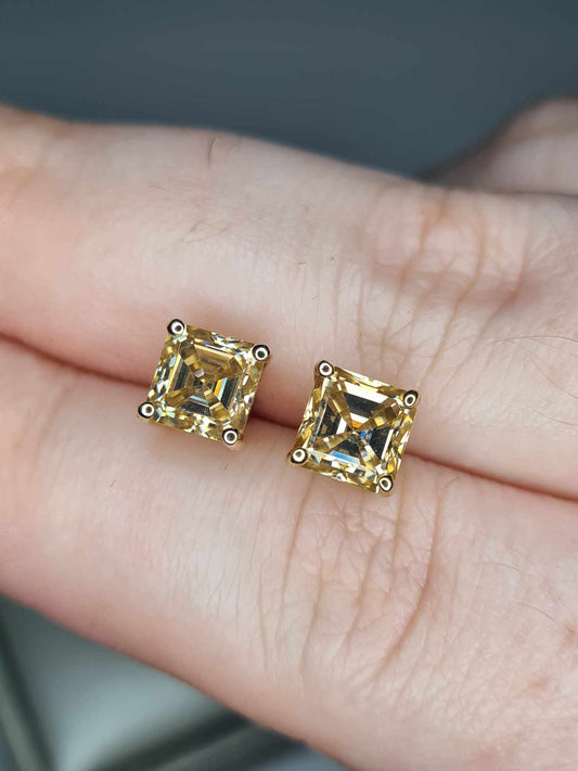 2.50ct 9K Yellow Gold Champagne Moissanite Princess Cut Solitaire Stud Earrings