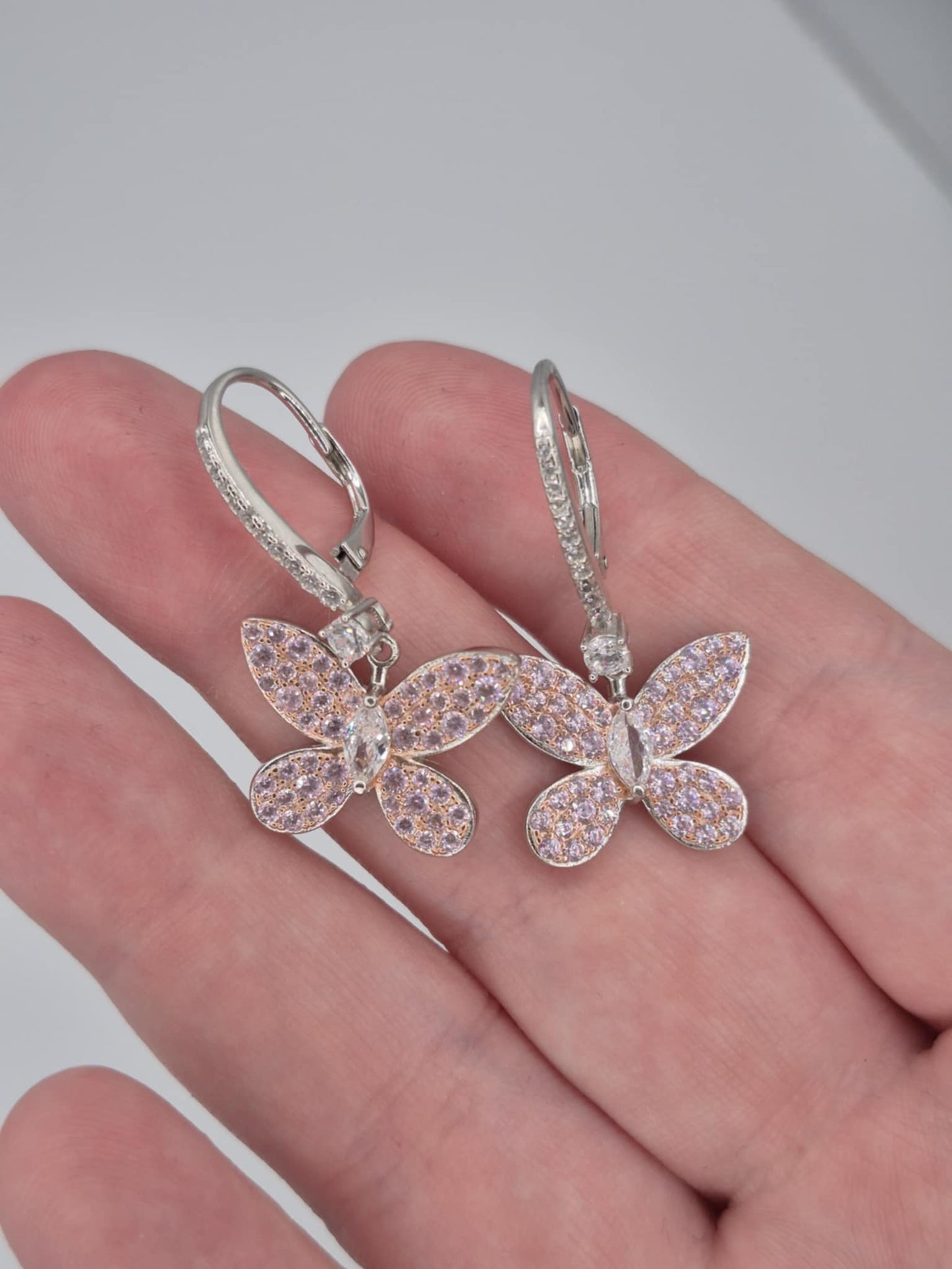 Pink & White Cubic Zirconia Butterfly Earrings in Rhodium Overlay 925 Sterling Silver