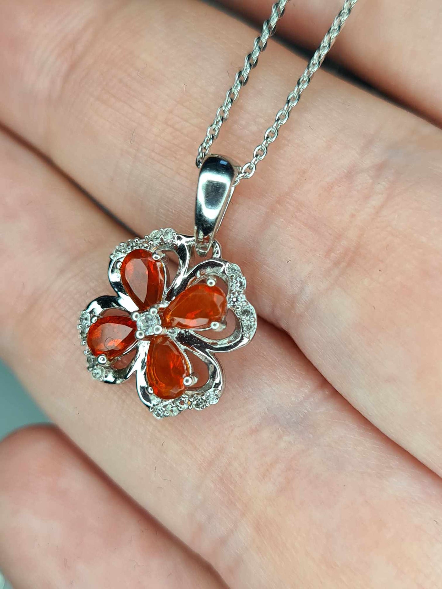 0.790ct. Fire Opal &amp; Natural Zircon Clover Necklace in Platinum Overlay 925 Sterling Silver