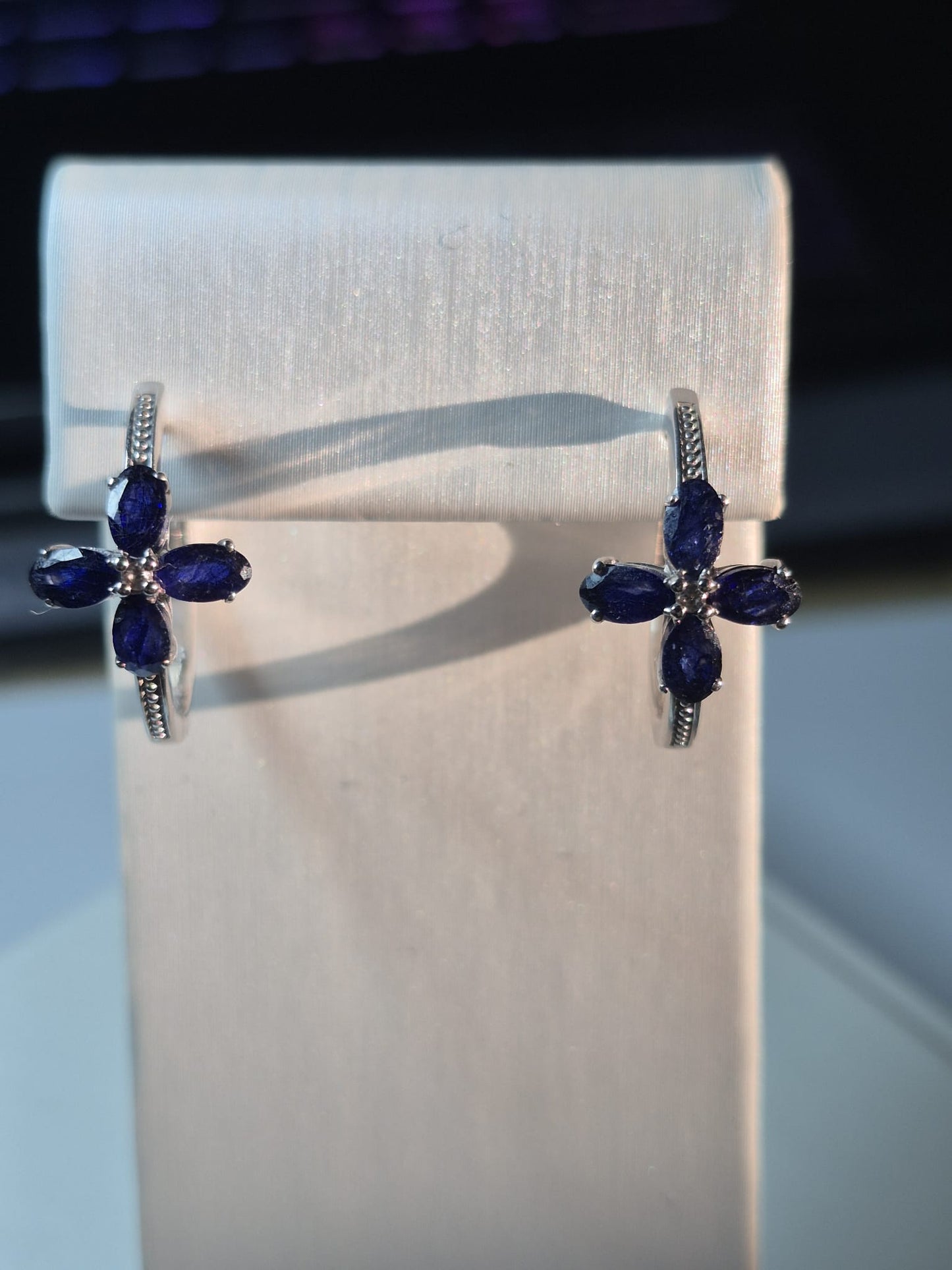 Masoala Sapphire &amp; White Zircon Hoop Earrings 925 Sterling Silver with a rhodium overlay