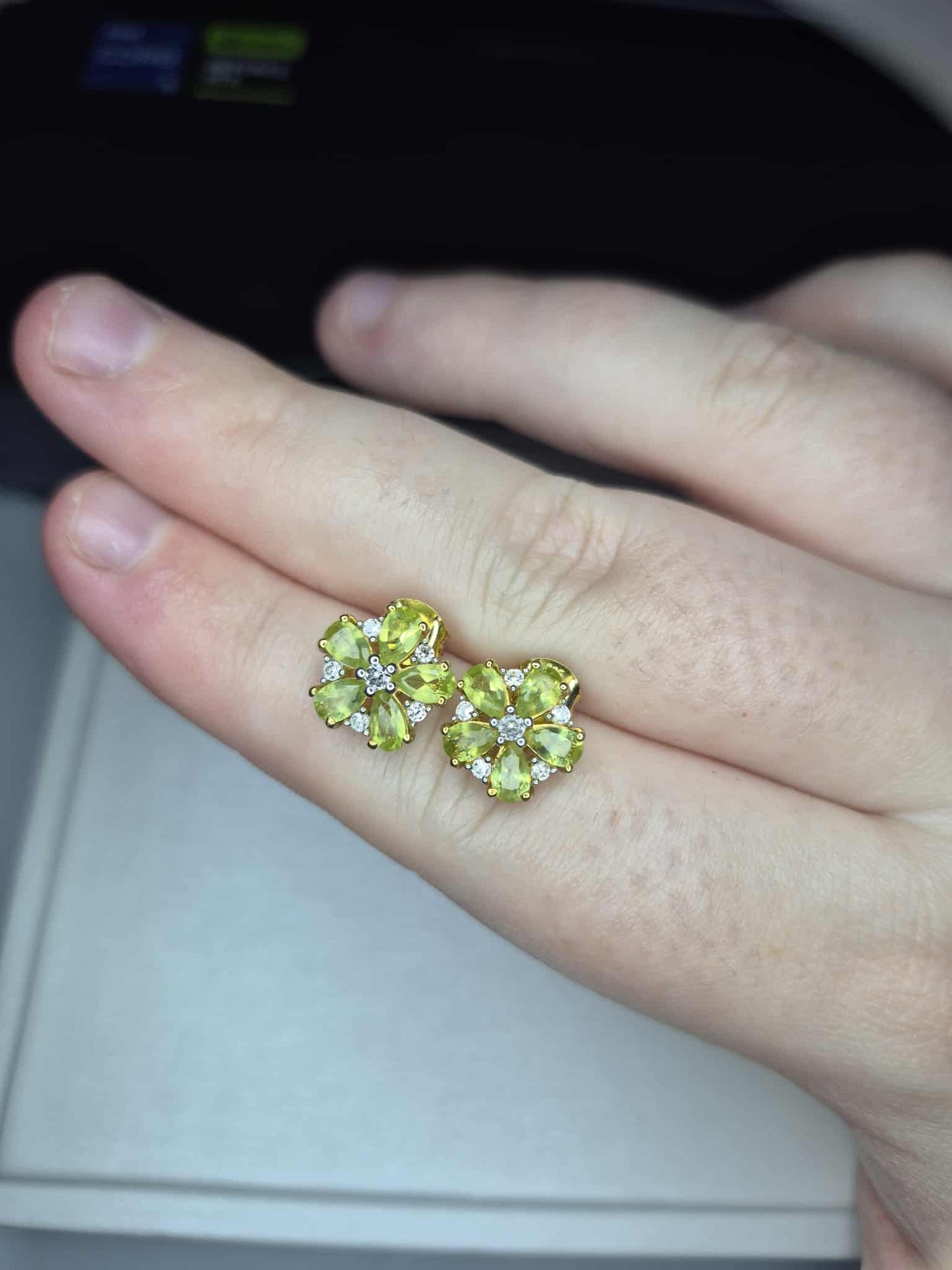 Natural Hebei Peridot & White Zircon Flower Stud Earrings in Gold Overlay 925 Sterling Silver